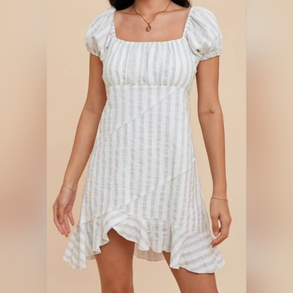 In Loom Seafoam Green And White Striped Gauze Mini Dress High Low Large NWT
